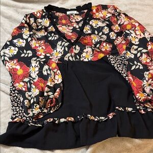 Umgee Black Floral Blouse with Red and White Accents